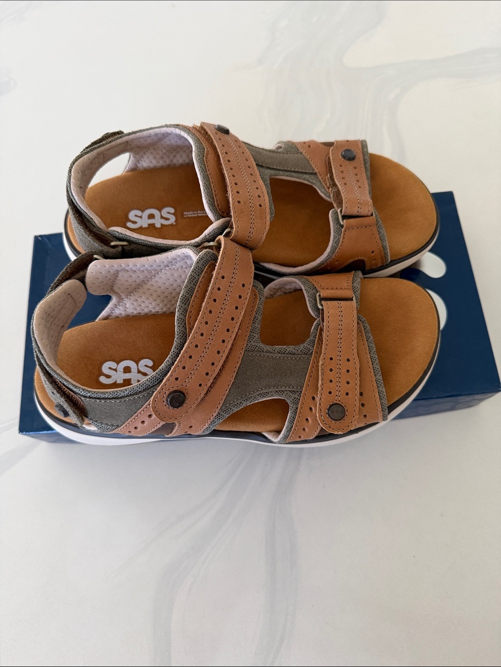 SAS Tan and Gray Leather Adjustable Women’s Sandals